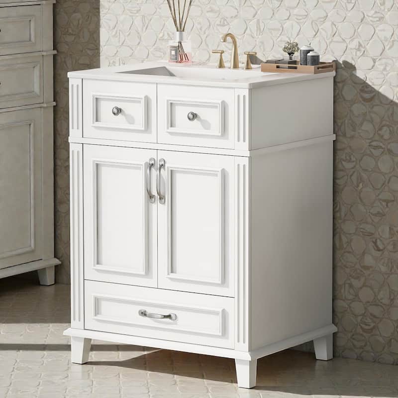 24 Inch Bathroom Vanity with Ceramic Sink, Solid Wood Frame, Soft Close Doors and Drawer, Retro Bathroom Cabinet