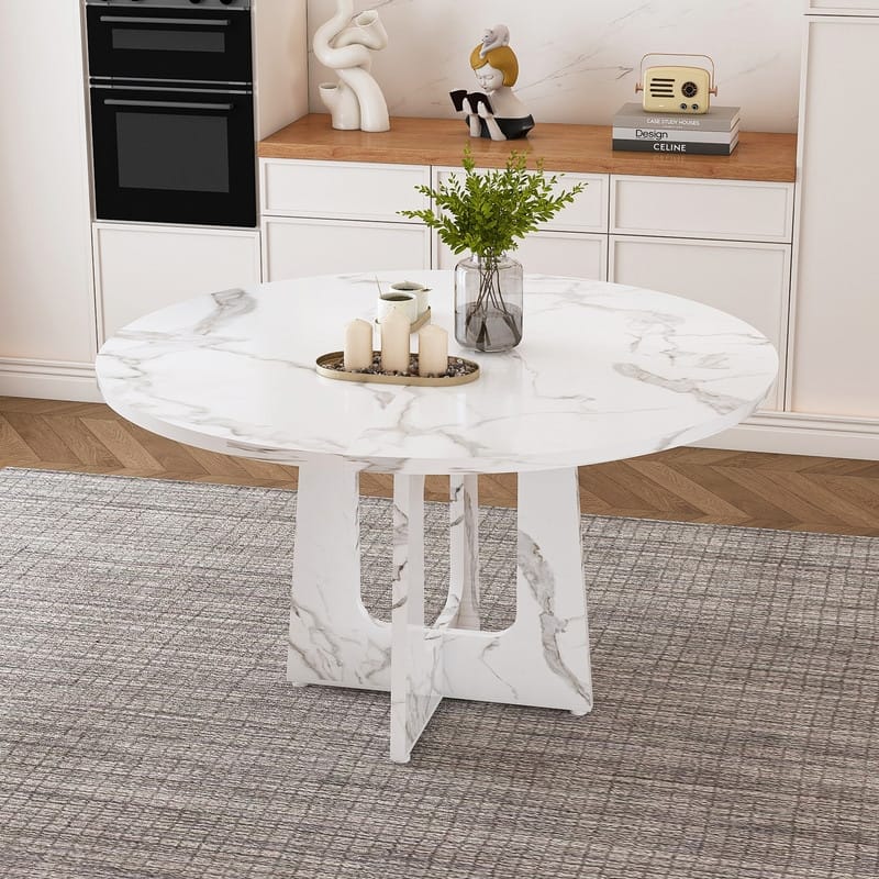 47.24" Round Marble White Finish Dining Table, Farmhouse Kitchen Table