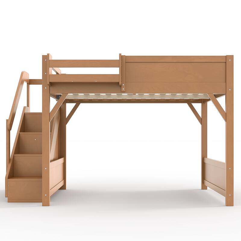 Full/Twin Loft Bed with Built-in Wardrobe, Storage & Stairs - Solid Wood, Full-Length Guardrails, No Box Spring