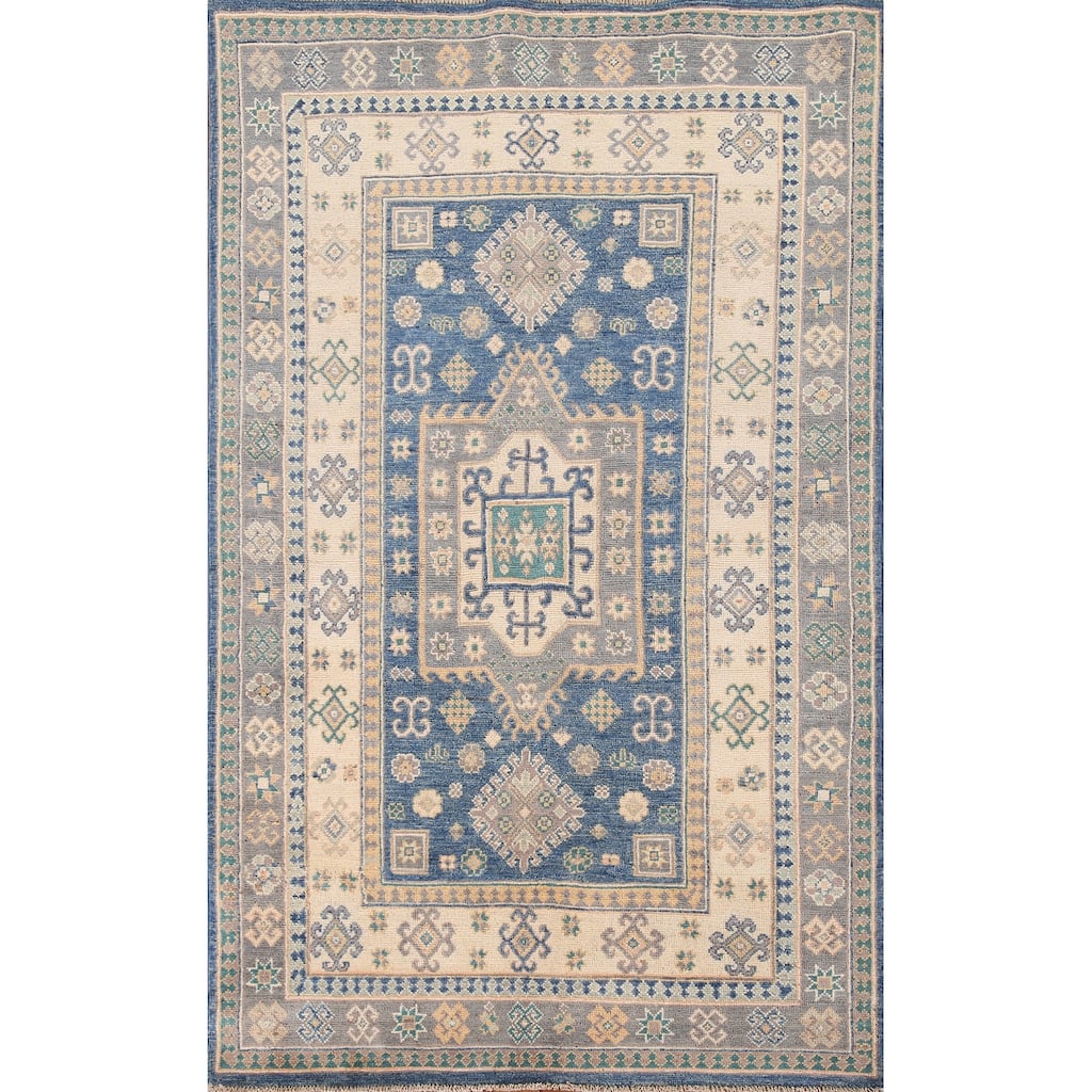 Blue Kazak Oriental Area Rug Hand-Knotted Wool Carpet - 3'11"x 6'4"