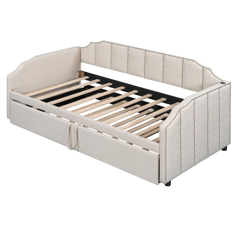 Twin Size Upholstered Daybed with Pop-Up Trundle & USB Charging Ports