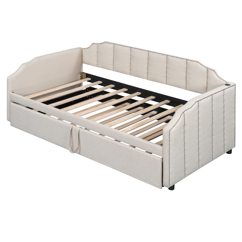 Twin Upholstered Daybed with Pop-Up Trundle, USB Charging Ports, Convertible Sofa Bed