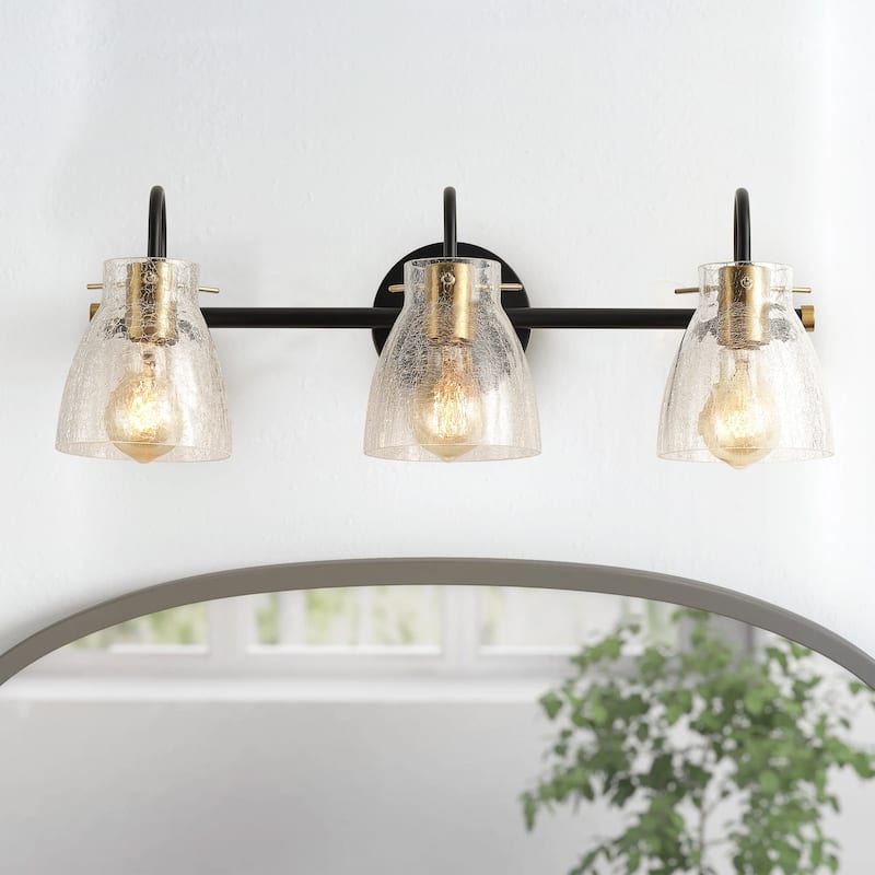 Industrial Matte Black Bathroom Vanity Light with Cracked Craft Glass Shade