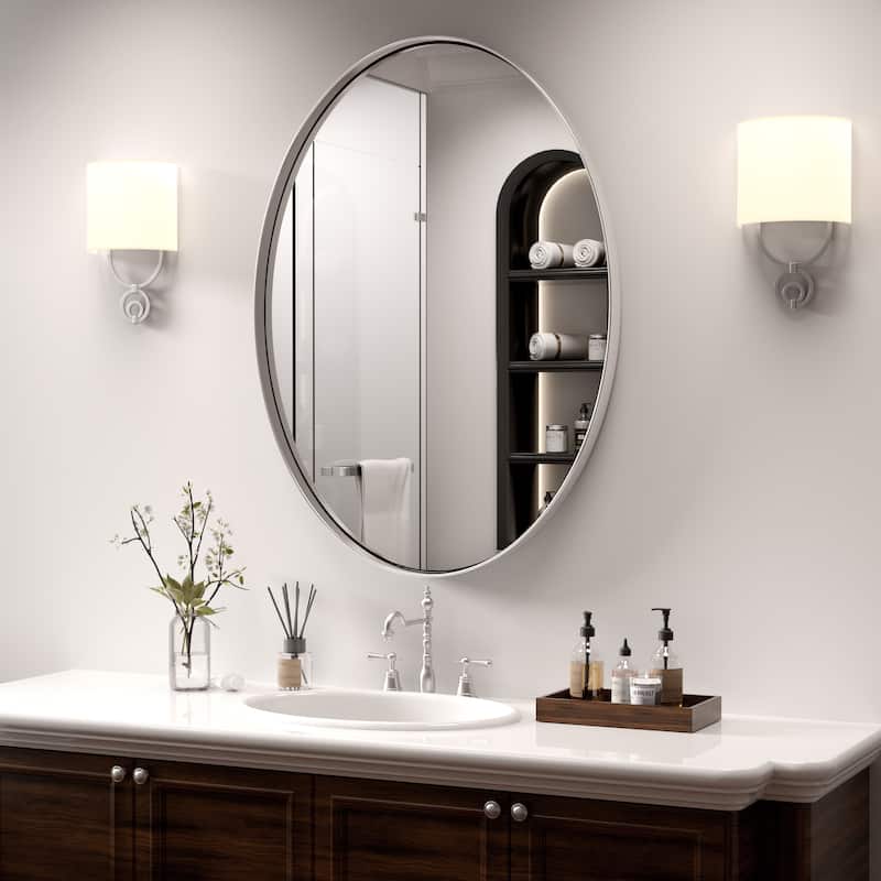 Modern Wall Mirrors, Oval Mirror with Stainless Steel Framed, Bathroom Mirror with Round Corner, Vanity Mirror Accent Mirror - 22W * 30H Inches - Silver