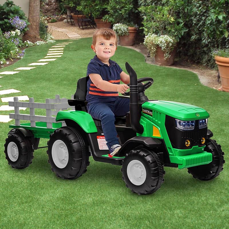 Electric Kids Ride On Tractor with Trailer, 12V Battery Powered Vehicle Toy