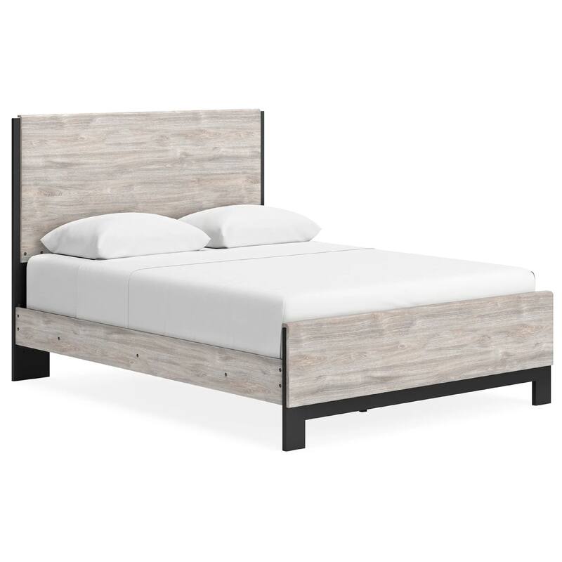Veso Queen Size Panel Bed with Matte Black Finished Base, Gray Wood