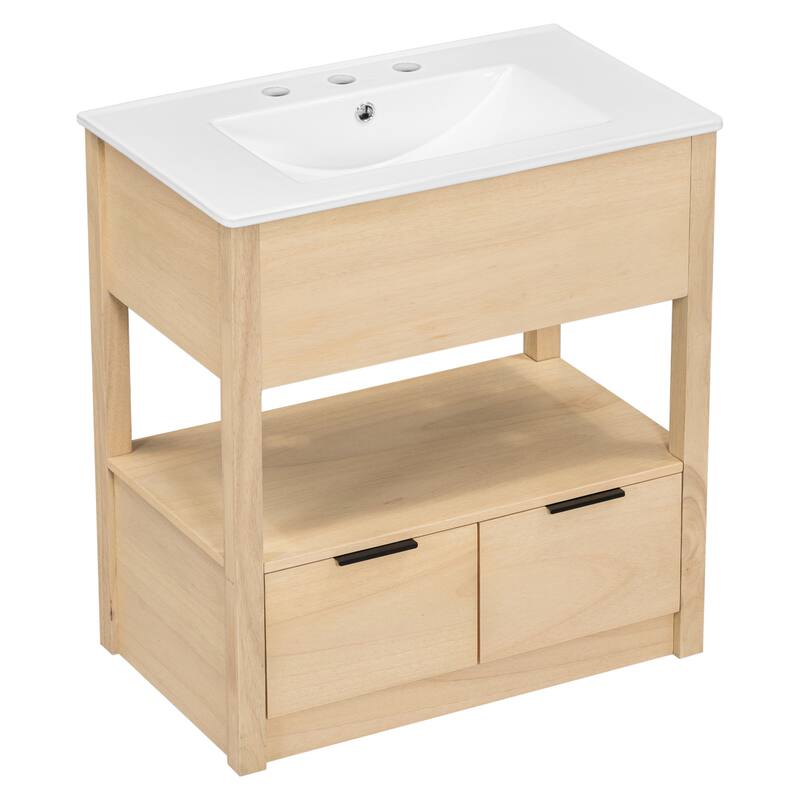 30" Bathroom Vanity with Sink Top, Bathroom Cabinet with Open Storage Shelf and Two Drawers, One Package