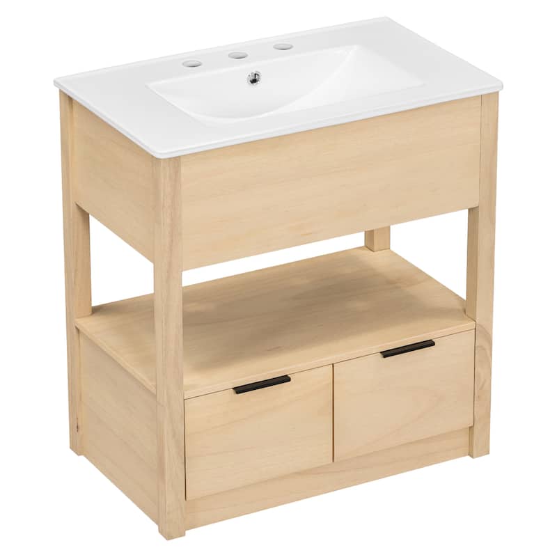 Bathroom Vanity with Sink Top, Vanity Set with Ceramic Basin Sink, Bathroom Storage Cabinet with 2 Drawers and Open Shelf