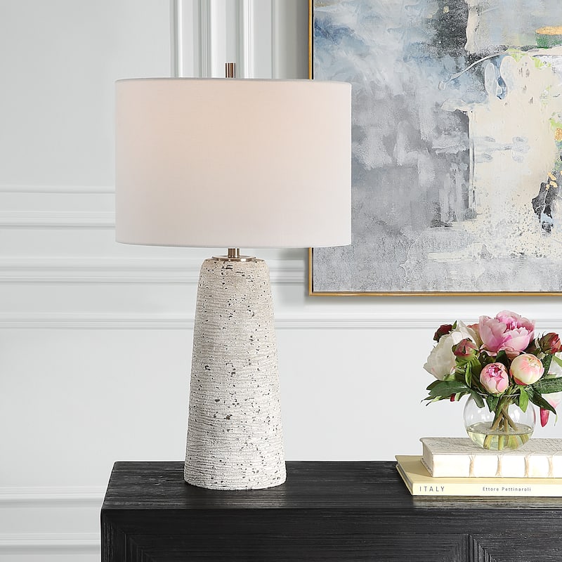 Off White Stone Ceramic Table Lamp - 15"W x 27"H x 15"D