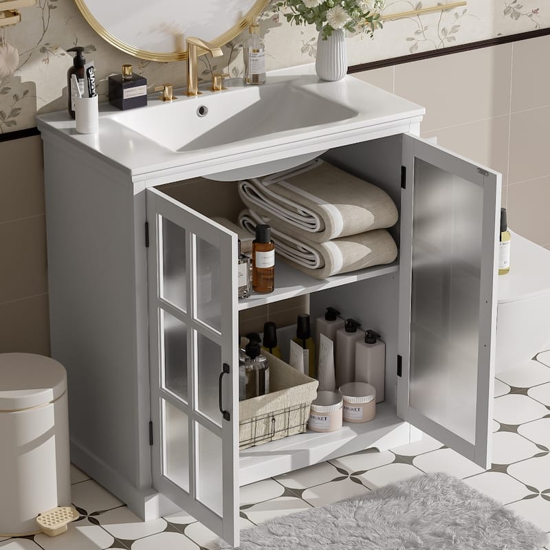 30" Bathroom Vanity with Ceramic Sink, Bathroom Vanity Cabinet with Tempered Blurred Glass and Large Storage Space