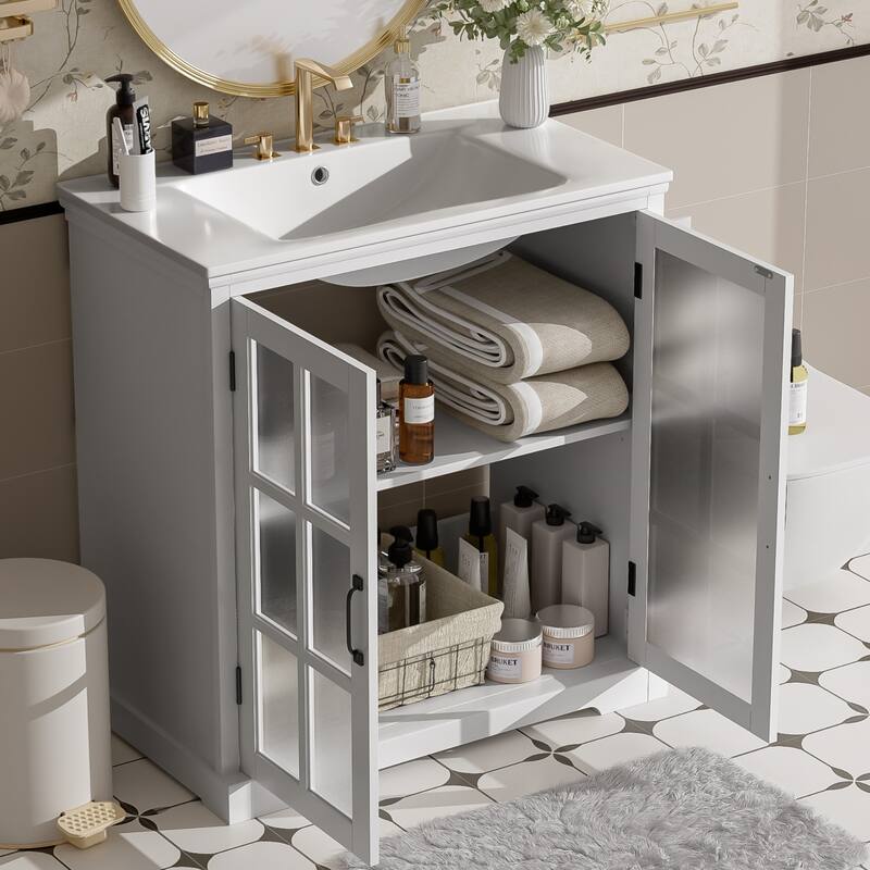 30"Bathroom Vanity with Ceramic Sink, Tempered Blurred Glass and Matte Black Handles, Large Storage Space and Rubber Wood Frame