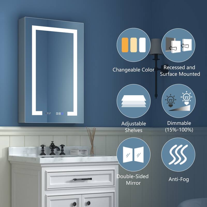 ExBrite 3 Touch Switch LED Lighted Bathroom Medicine Cabinet with Mirror, Recessed or Surface Mount, Defog, Stepless Dimming