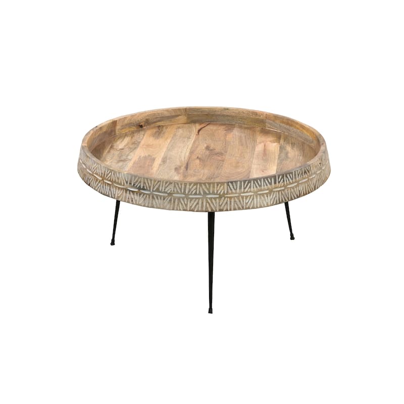 Gia 29 Inch Modern Handcrafted Round Coffee Table, Natural Brown Wood Top with Carved Edge, Black Iron Legs