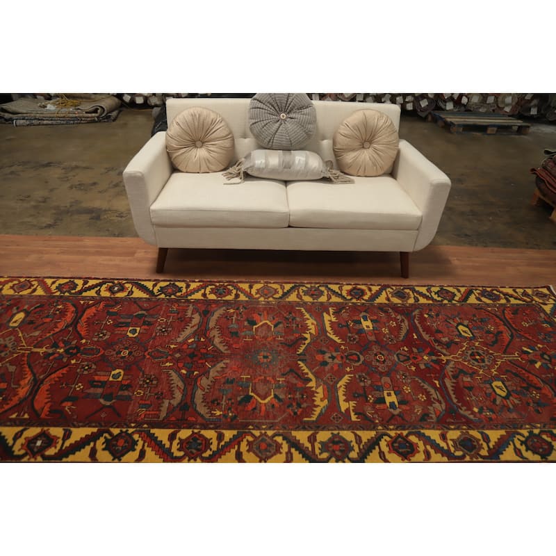 Hand Knotted Oriental 100% Wool Carpet Traditional Floral Red Heriz Runner Rug - 11' 6'' X 3' 8''