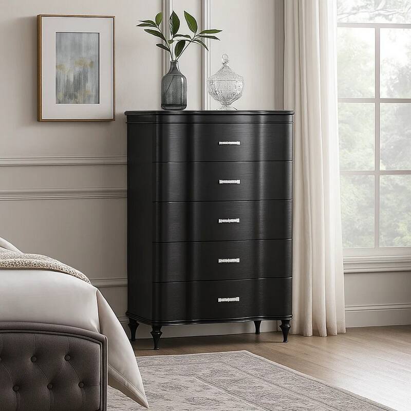 Eleena Tall Dresser Chest, 5 Drawers, Black Solid Wood, Crystal Accents