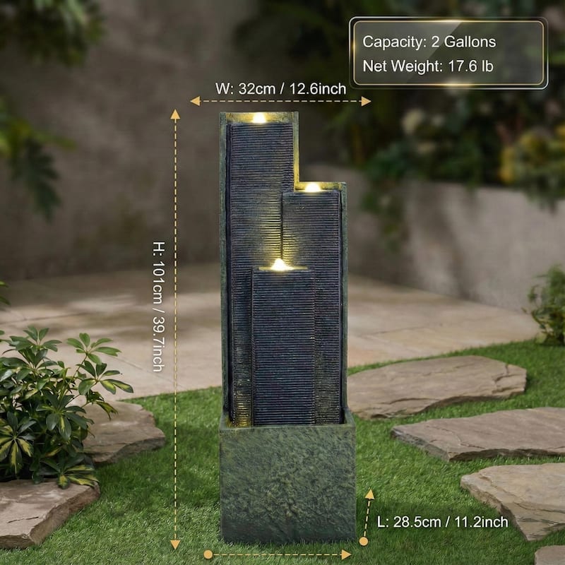 39" H Outdoor Water Fountain Modern Cascading Freestanding Fountain with LED Lights for Garden Patio Porch Lawn Backyard Decor