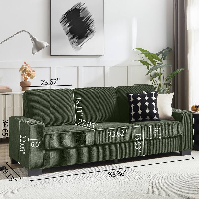 84" Corduroy 3-Seater Sofa, Modern Compressed Design for Multiple Rooms
