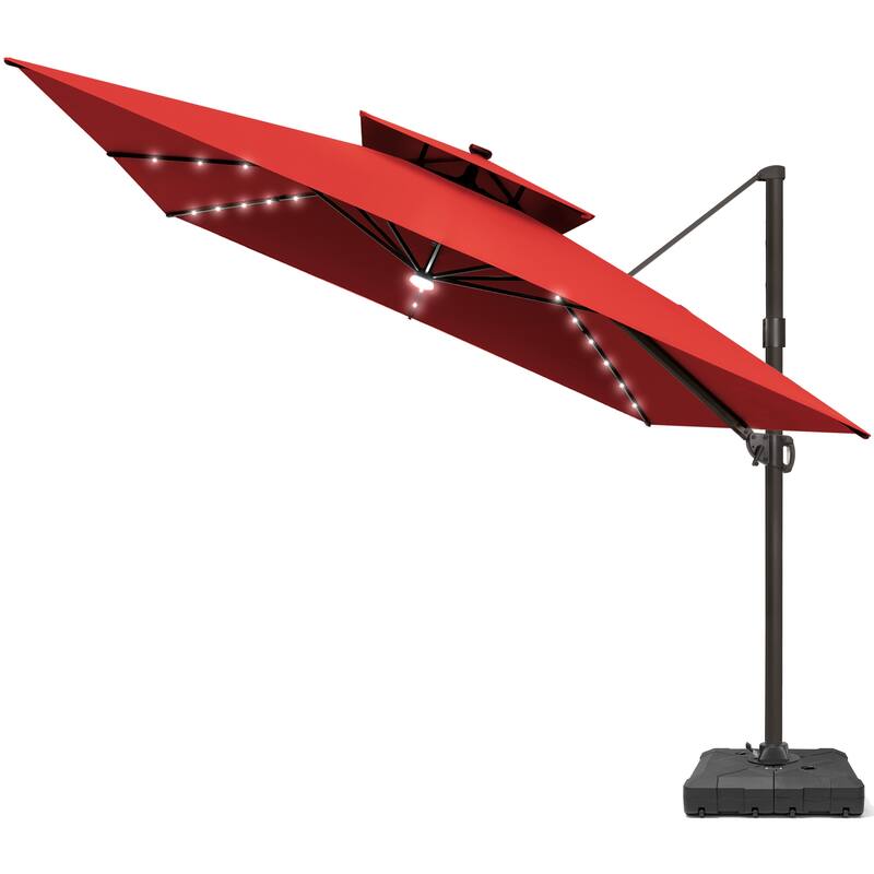 11 FT Square Outdoor Patio Cantilever Umbrella with Solar Lights Wheeled Base Double Canopy 360 Rotation Tilt