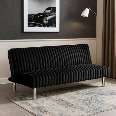 Hini Fold Out Futon Sofa Bed, Rich Black, Modern Chrome Metal Legs