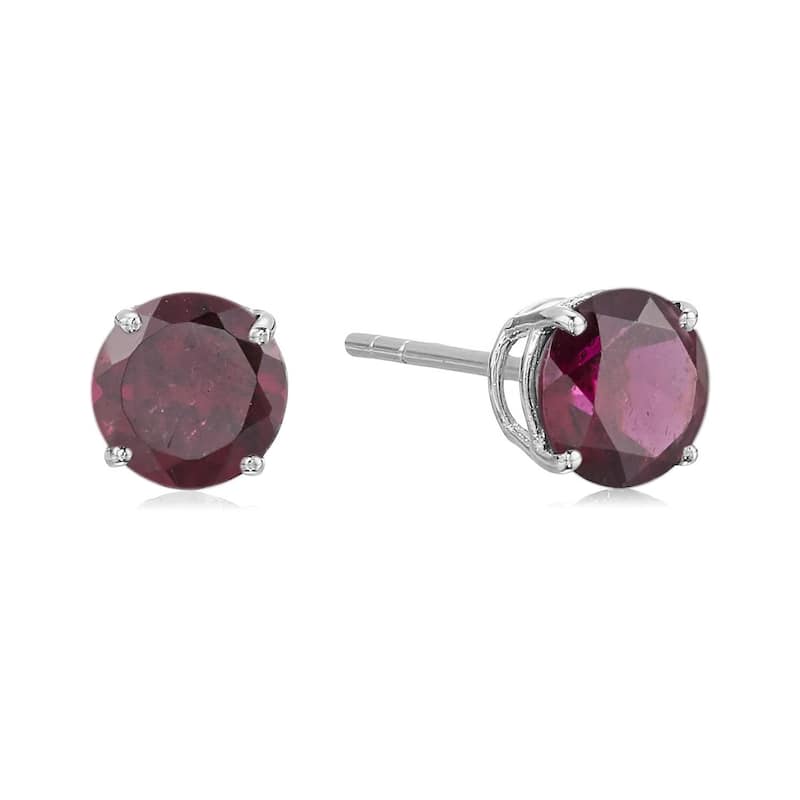 Sterling Silver Round 6mm Gemstone Birthstone Stud Earrings - Red - Rhodolite