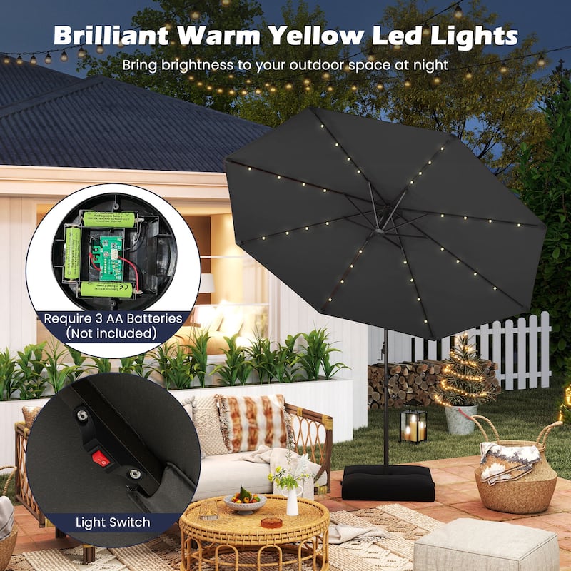 Gymax 10 FT Solar Offset Hanging Umbrella Patio Cantilever Umbrella w/