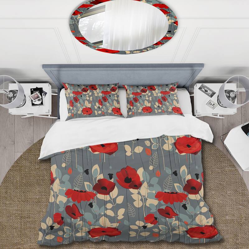 Designart 'Red Poppies Over Dried Retro Leaves' Traditional Duvet Cover
