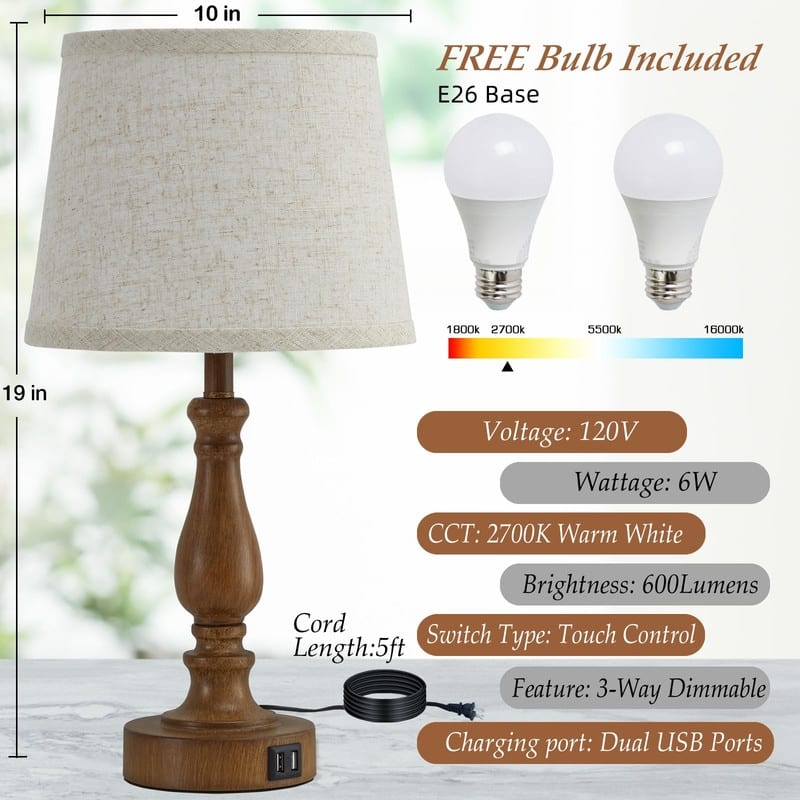 Lamps for Bedrooms Set of 2, Touch Bedside Table Lamp with USB Ports