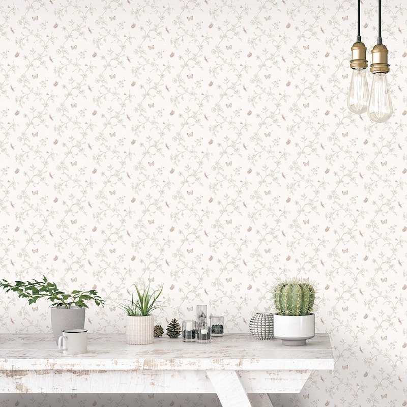 Galerie Wallcoverings Miniatures 3 Tiny Trellis Flowers With Butterflies and Dragonflies Vinyl on Non-woven Matte Wallpaper Roll