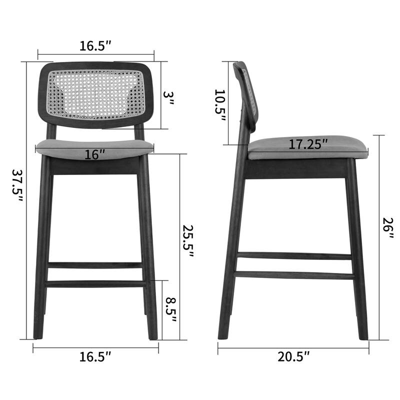 Set of 2 Azuka Gray Fabric Counter Stool with Rattan Back and Black Wood Legs