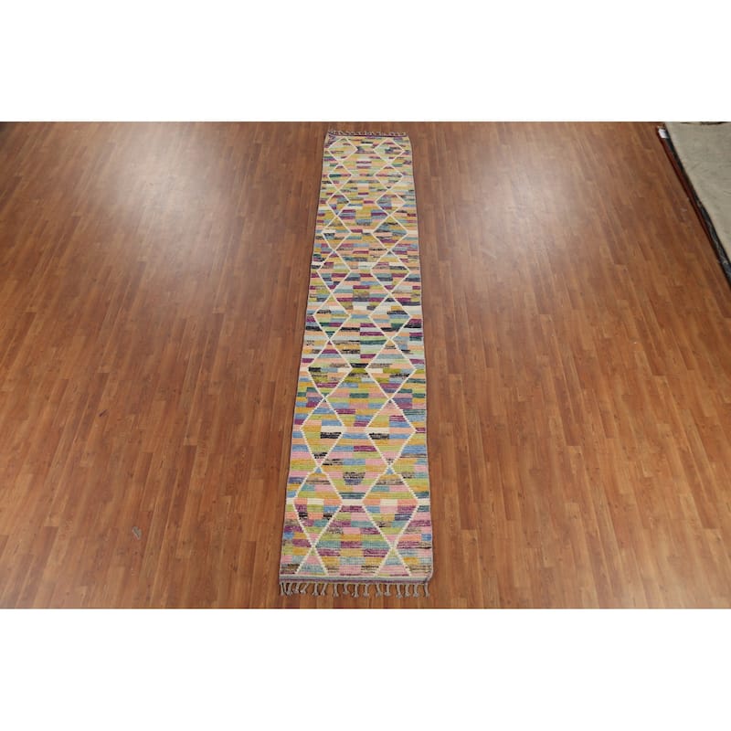 Multicolor Trellis Moroccan Runner Rug Hand-Knotted Wool Carpet - 2'7"x 12'10"
