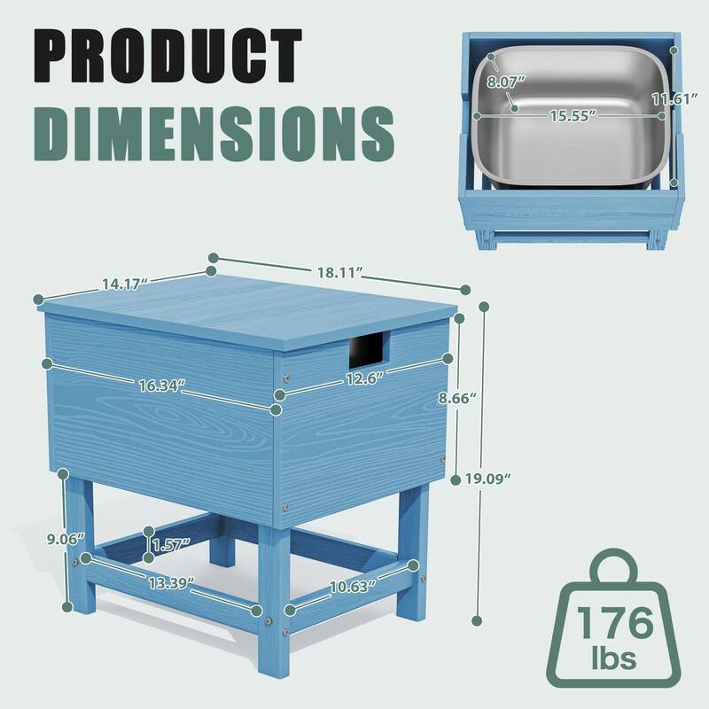 Outdoor Patio Weather Resistant HDPE Coffee & Side Table, Build-in Stainless Steel Cooler Bucket
