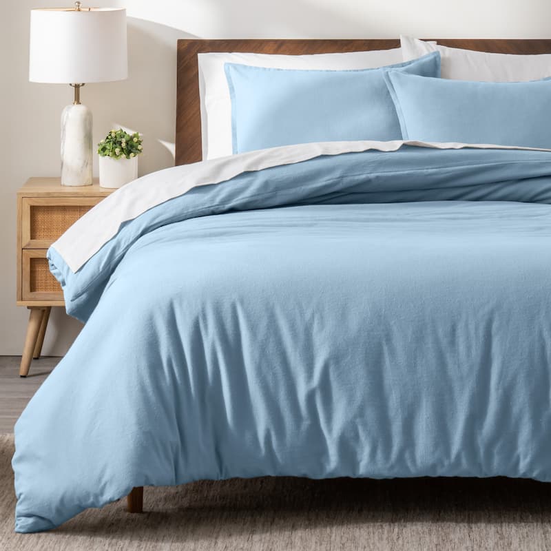 Bare Home Cotton Flannel Duvet Cover and Sham Set - Light Blue - Queen