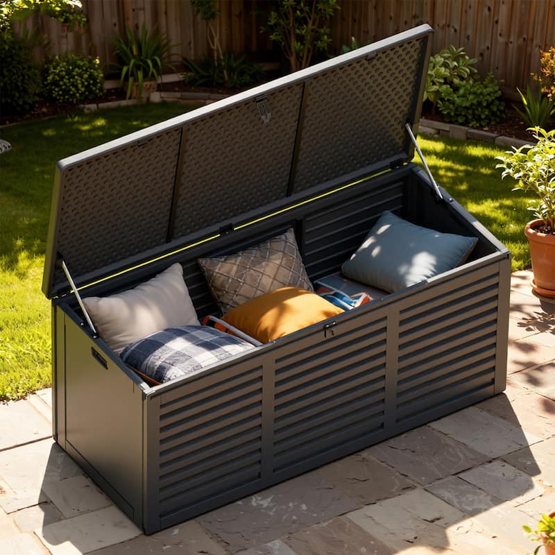 130 Gal. Upgraded Resin Deck Box, Outdoor Storage Box Waterproof with Hydraulic Rod and Side Handle, Lockable