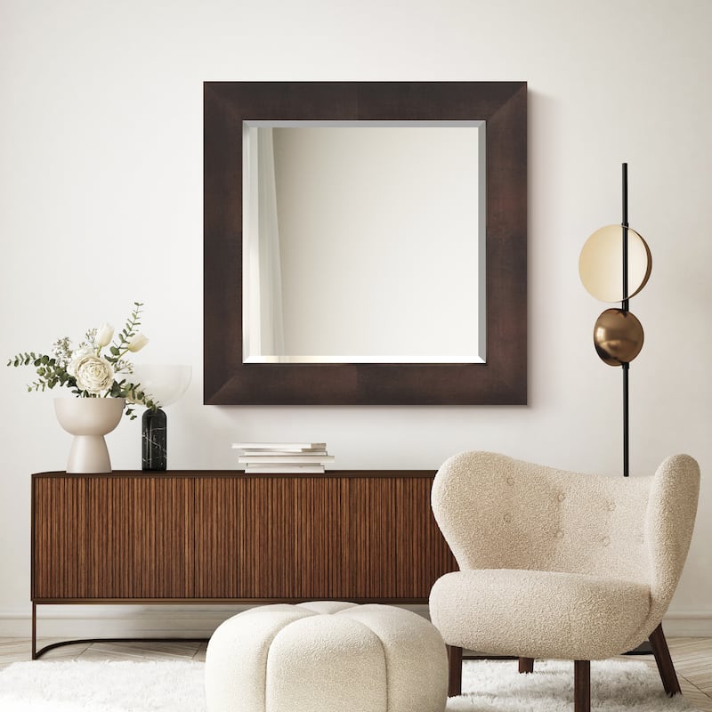 Bronze on Black Metallic Shagreen Leather Framed Beveled Mirror - 48" x 48"