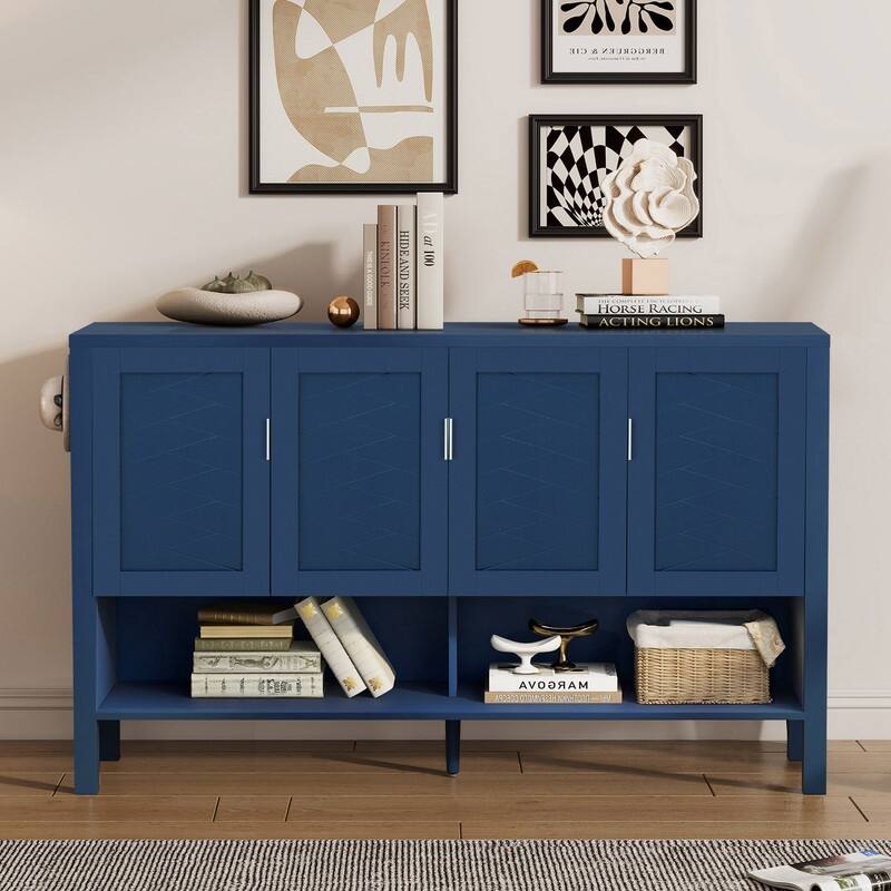 Modern 55.1" Storage Sideboard with 4-Doors, Multi Functional Buffet Table with Open Shelf and Adjustable Shelves - Navy Blue
