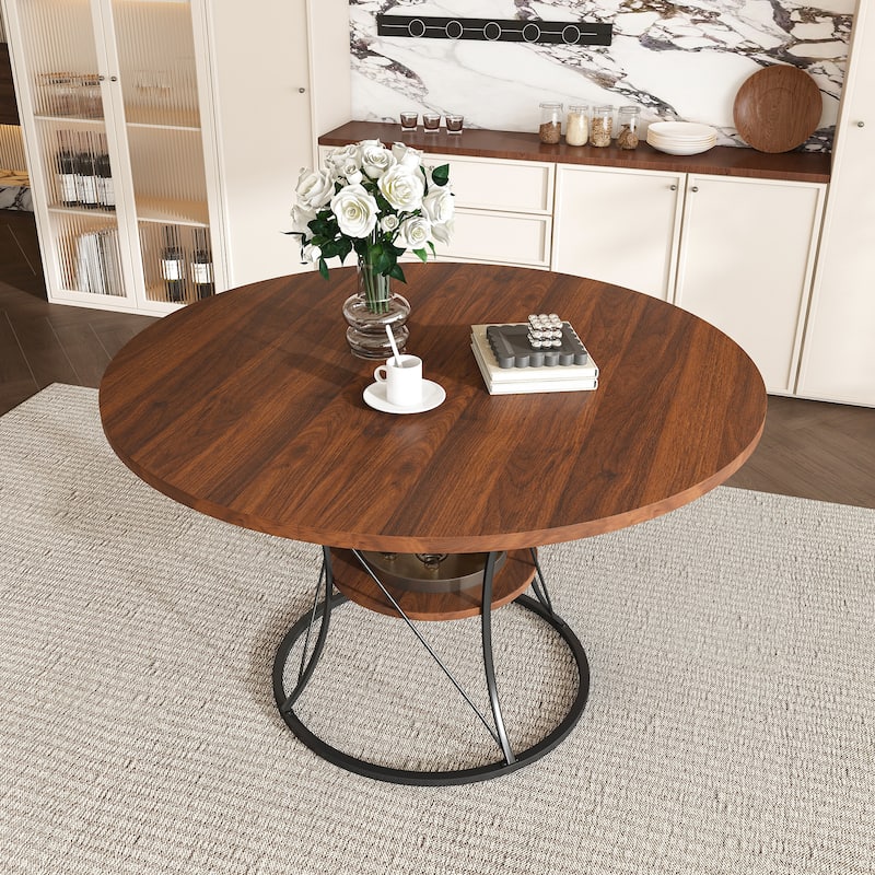 43 to 59 Inch Extendable Round Dining Table for 4-6 - Farmhouse Kitchen Table with Storage Shelf & Metal Base