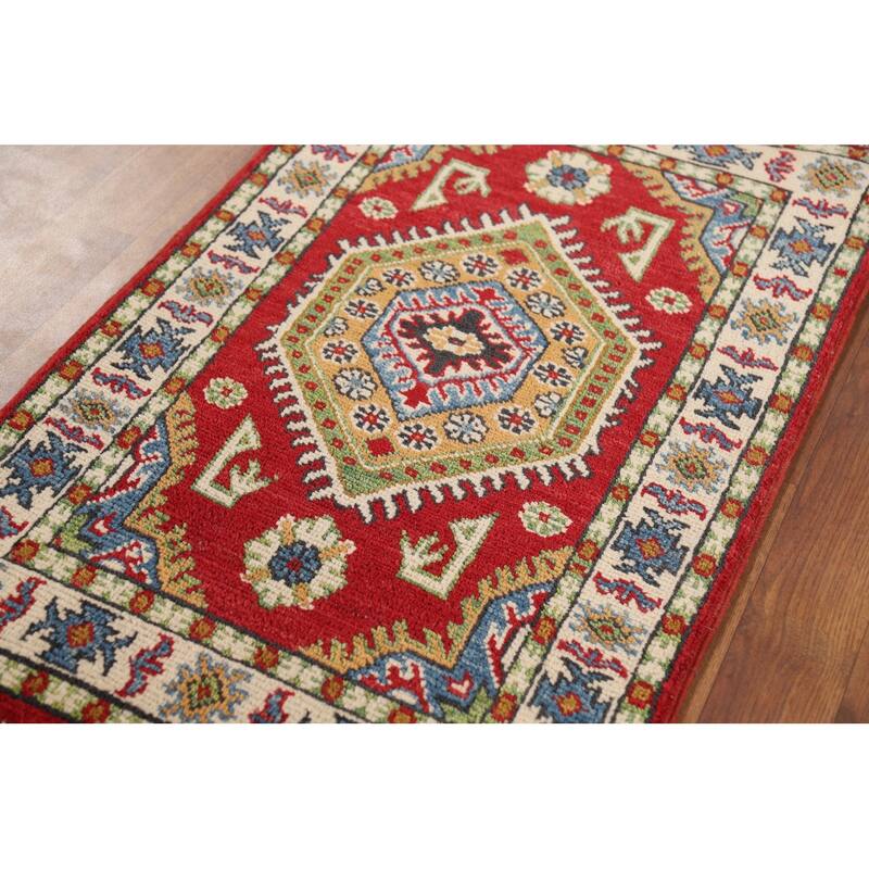 Red Kazak Foyer Rug Hand-Knotted Geometric Wool Carpet - 2'0" x 3'2"