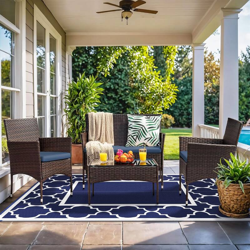 Reversible Dark Tone Geometric Flat-Weave Recyclable Outdoor Rug