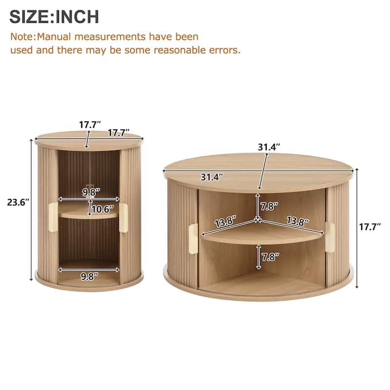 Mid-Century Coffee Table Set of 2 with Sliding Tambour Door, Fluted Design and Golden Handles