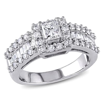Miadora 1 2/5ct TDW Princess Cut and Baguette Diamond Engagement Ring in 14k White Gold
