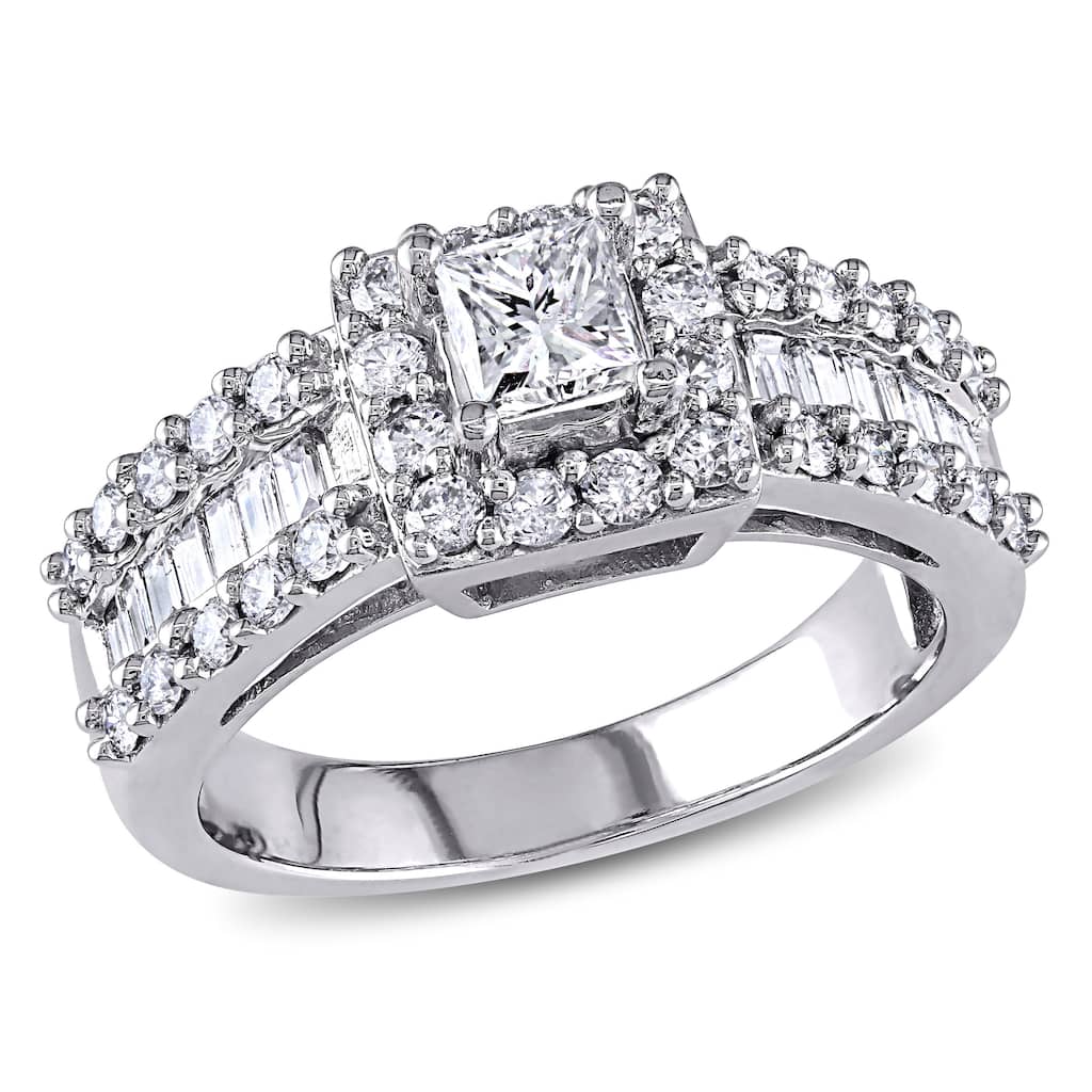 Miadora 1 2/5ct TDW Princess Cut and Baguette Diamond Engagement Ring in 14k White Gold