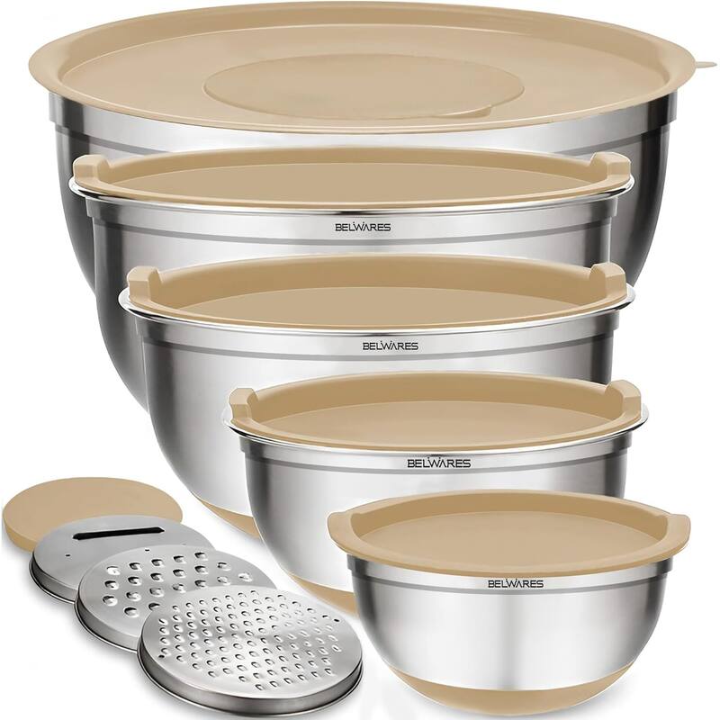 Belwares 5-Piece Stainless Steel Mixing Bowls with Airtight Lids and Graters - Non-Slip Nesting Bowls Set - Khaki