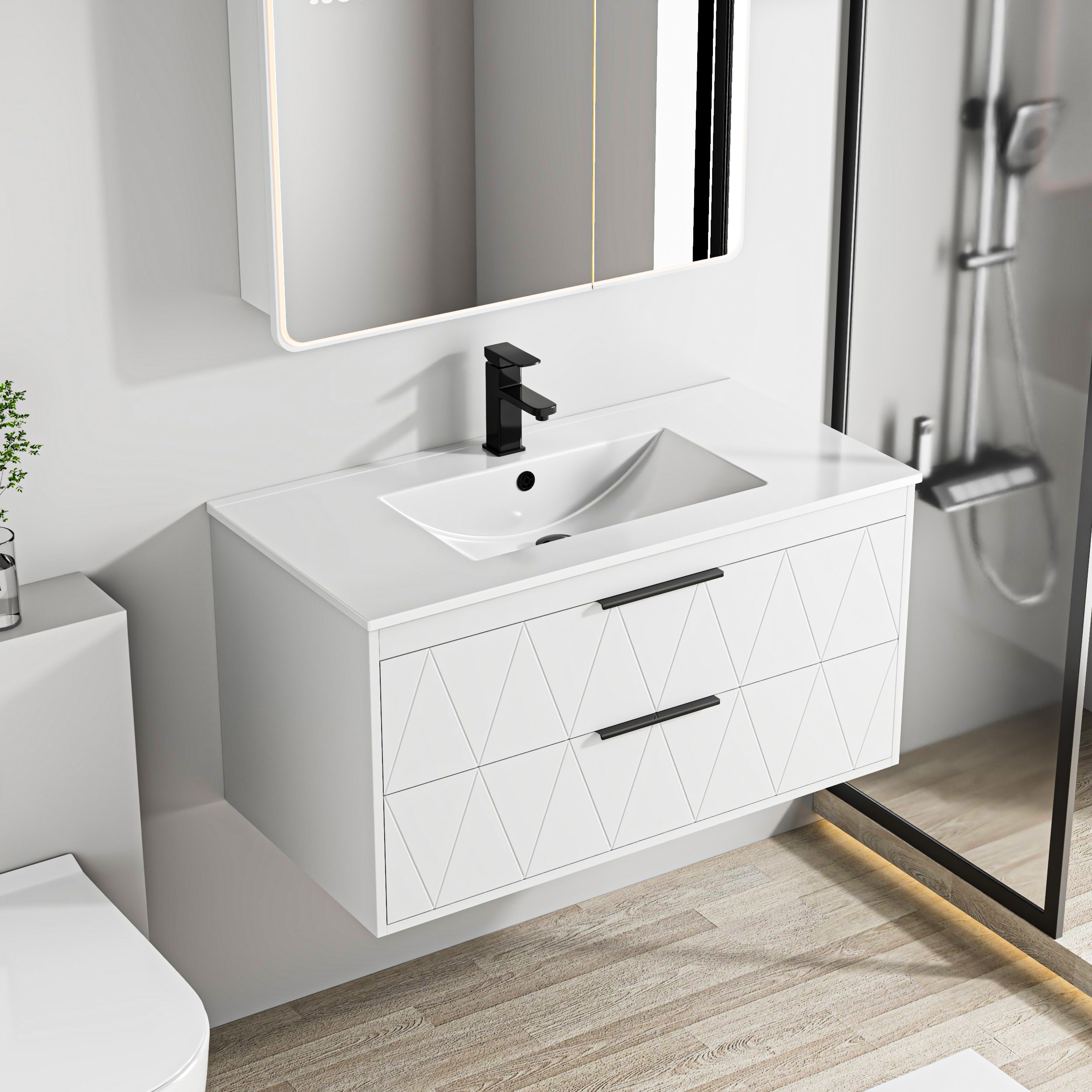 24"/30"/36"/48" Integrated Sink Wall Mounted Bathroom Vanity Set