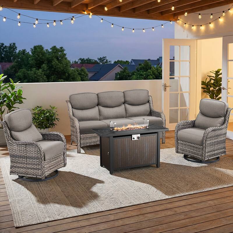 Pocassy Patio Sofa Swivel Chair Set with 43" Fire Pit Table - Gray Wicker Gray Cushion - 4-Piece Sofa Swivel Chair w/ Fie Pit Table