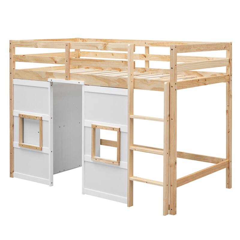 Twin Size Wood Loft Bed with Built-in Storage Wardrobe and Guardrails