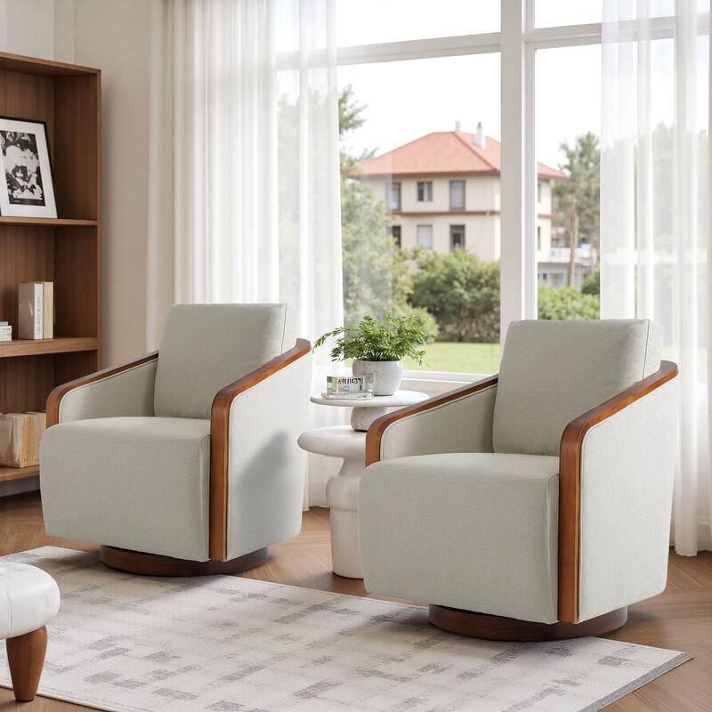 Set of 2 Modern 360° Swivel Accent Barrel Chairs with Wood Arms - Beige Brown