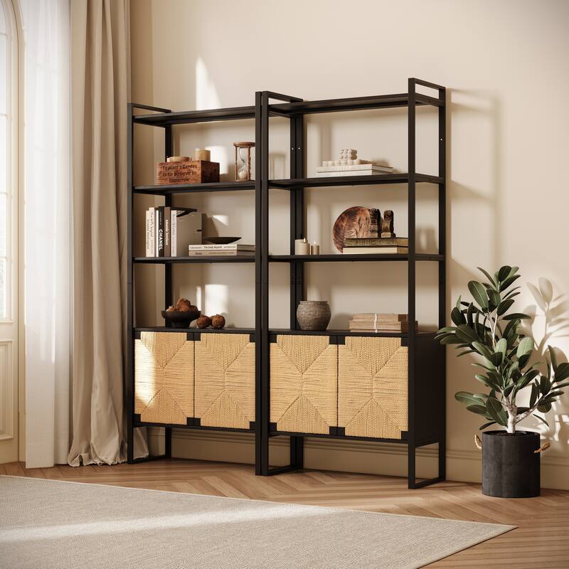 Rattan Cabinet Door Storage Bookshelf, Dual-Function Open Display Shelf with Closed Cabinet for Living Room,Entryway,Bedroom