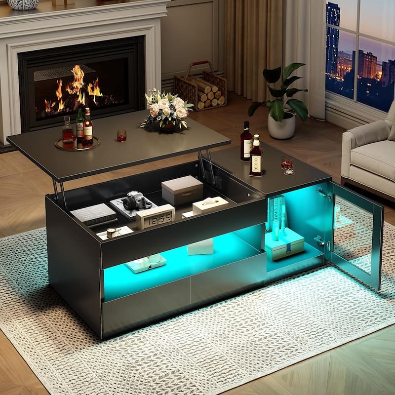 Lift Top Coffee Table 2 Drawers Glass Storage Cabinet Coffee Tables Living Room - Black