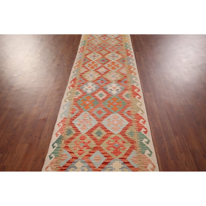 Geometric Kilim Oriental Runner Rug Hand-Woven Wool Carpet - 2'9"x 16'4"