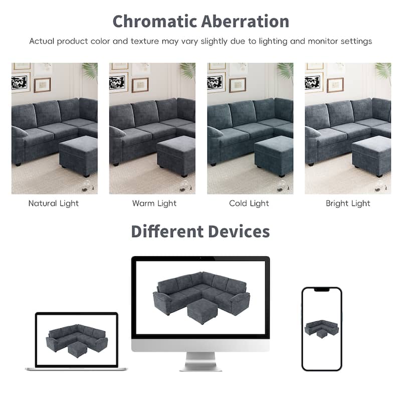Modern Velvet L Shaped Sectional Sofa Set with Ottoman and Armrest Pillow
